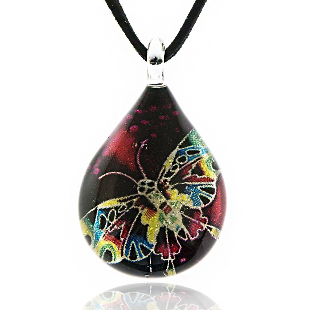 Chuvora Hand Blown Venetian Murano Glass Multi-Colored Butterfly Teardrop Pendant Necklace, 17-19 inches