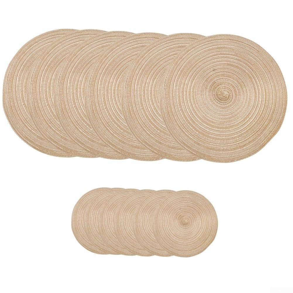 12Pcs Stylish Round Placemats with Coasters Set for Dining Table, 30CM Placemats and 11CM Coasters, and Easy to Clean (Brown)