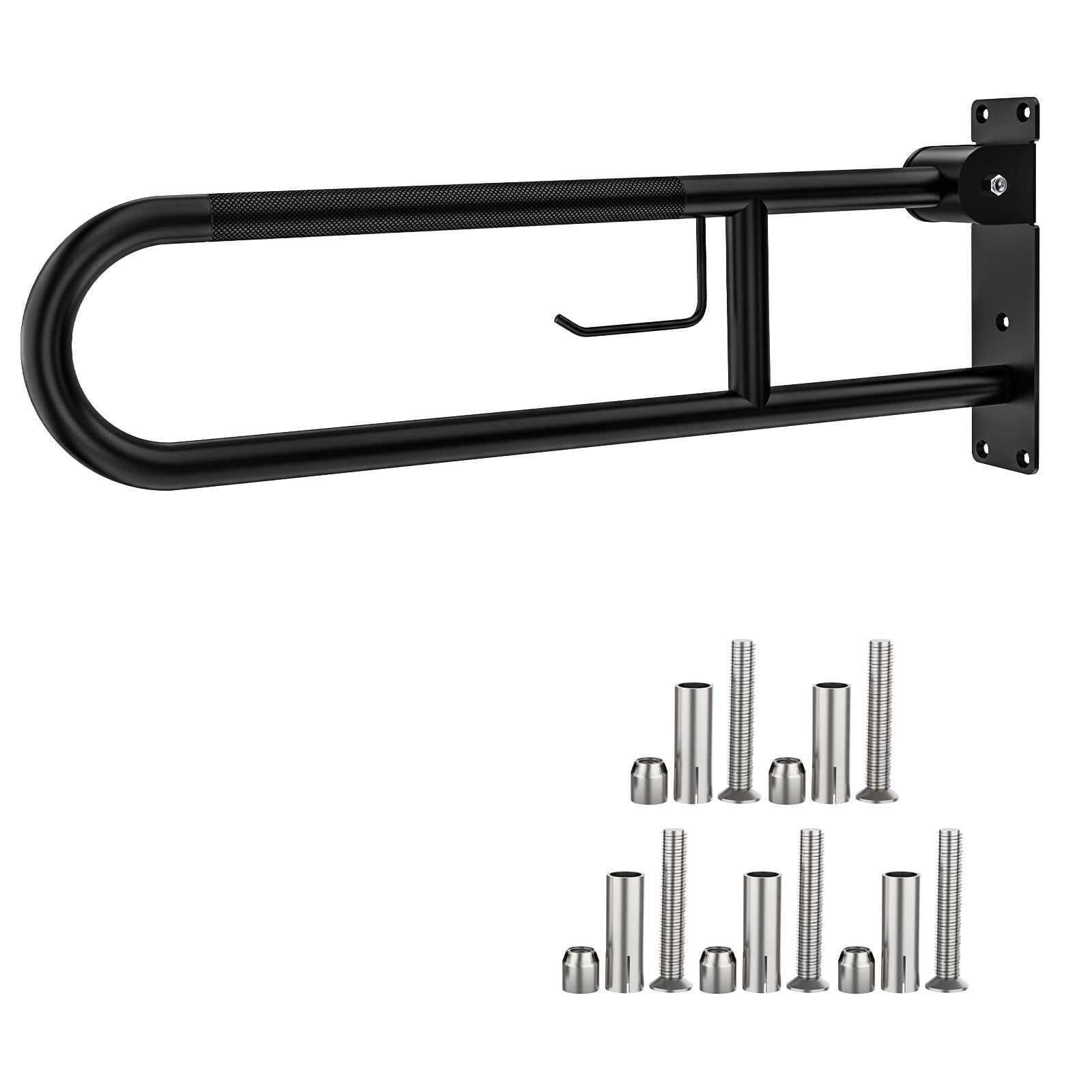 ZUEXT Maniglia per WC ribaltabile a forma di U, 80 cm, con porta carta | Corrimano di sicurezza antiscivolo pieghevole per bagno, in acciaio inox, per anziani, disabili, incinte
