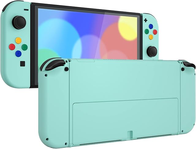 eXtremeRate Mglista Zieleń Soft Touch Full Set Shell dla Nintendo Switch OLED, Wymiana Tylna Płyta Konsoli i Metalowa Podpórka, NS Joycon Handheld Kontrolera Housing & Buttons dla Switch OLED