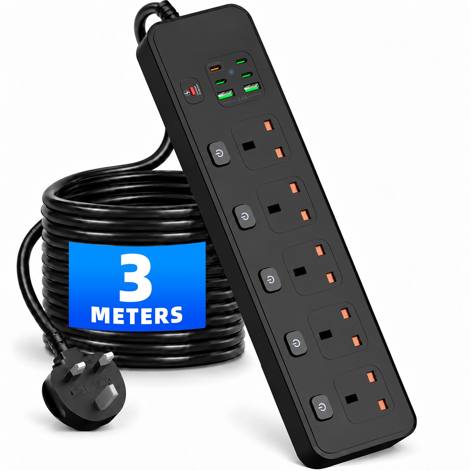 Extension Lead with USB Slots, 5 Plug Extension Socket with 4 USB-C Ports and 2 USB Ports, 3 Meters Extension Lead with Individual Switches, UK Plug Adapter Electrical Cords for Home Office (Black)