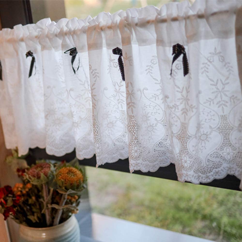 Cortinas de cocina con encaje y lazo para decorar ventanas de comedores rústicos