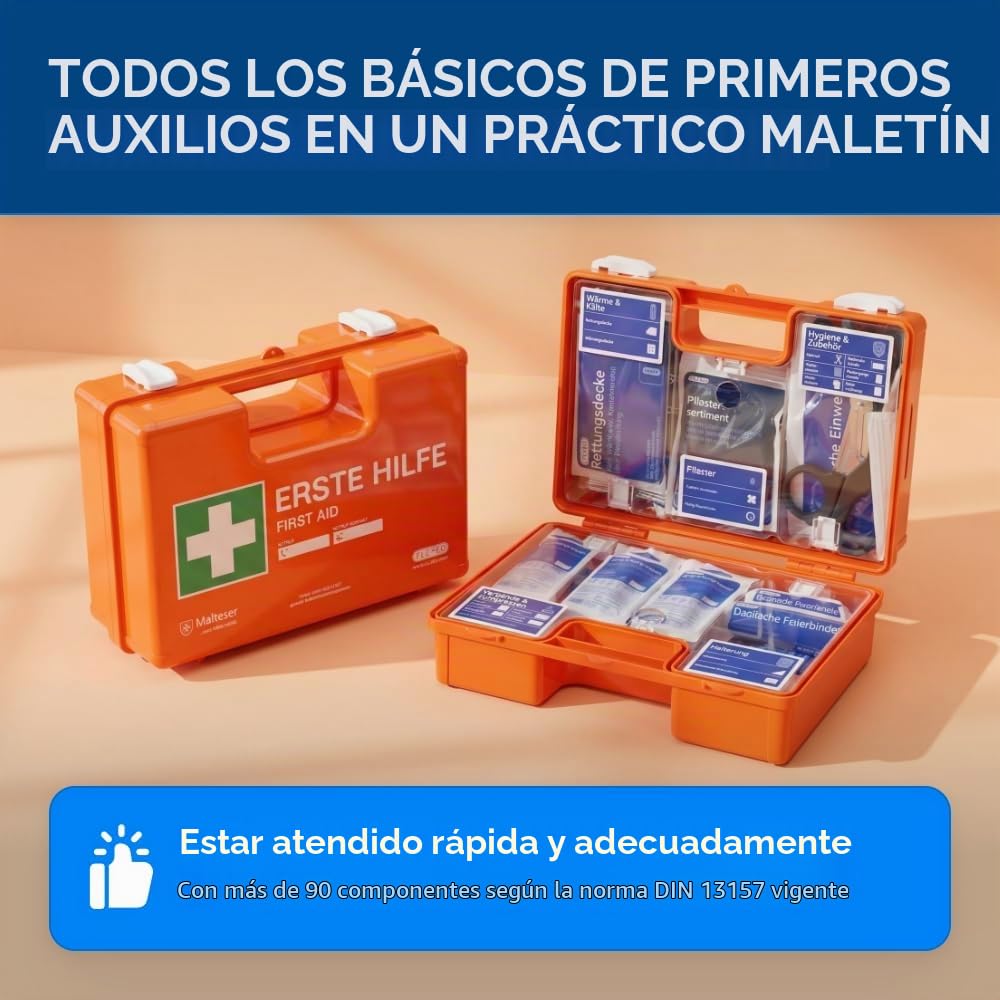 Maletín de primeros auxilios para operaciones con contenido según DIN 13157 en naranja, botiquín relleno y con soporte de pared