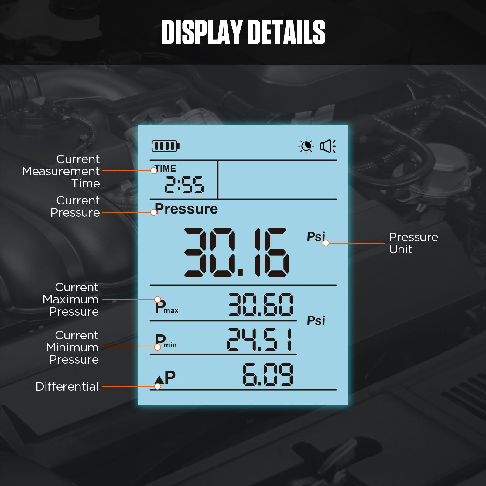 PT630 Digitaler Kraftstoffdruckprüfer Test-Kit, 0-29 Bar (0-426 PSI), 2.8" HD LCD Display, Mehrere Einheiten (PSI/Bar/kg/cm²), 11 Adapter, für Benzin Diesel Kfz