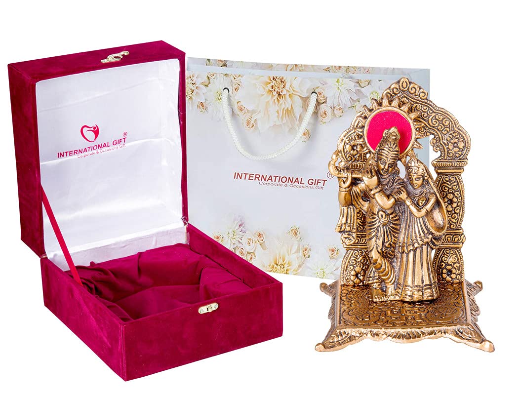 INTERNATIONAL GIFTCopper Metal Radha Krishna Idol with Royal Luxury Red Velvet Box and Beautiful Carry Bag Showpiece for Home Decor and Festival Gift