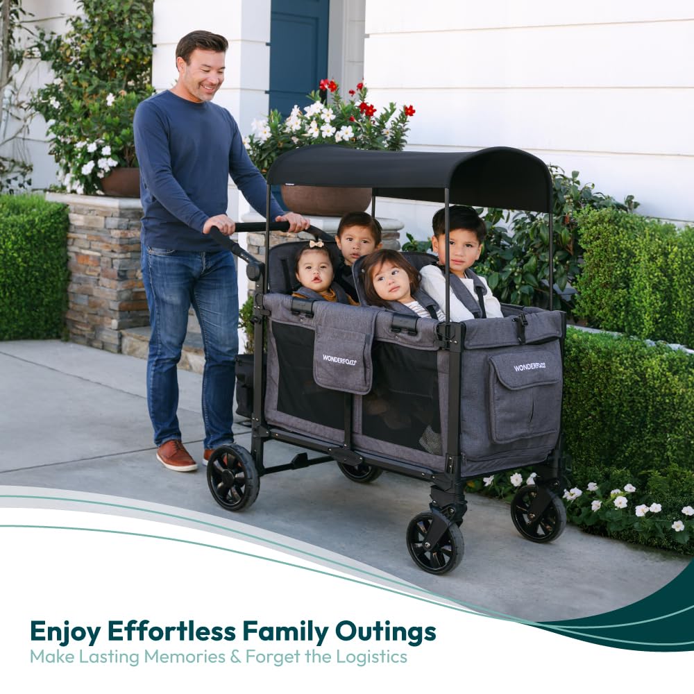WONDERFOLD W4 Elite Pro Stroller Wagon (4 Seater) - Collapsible Wagon Stroller with Seats with 5-Point Harnesses, Adjustable Push Handle, and Adjustable Sun Canopy, Charcoal Gray