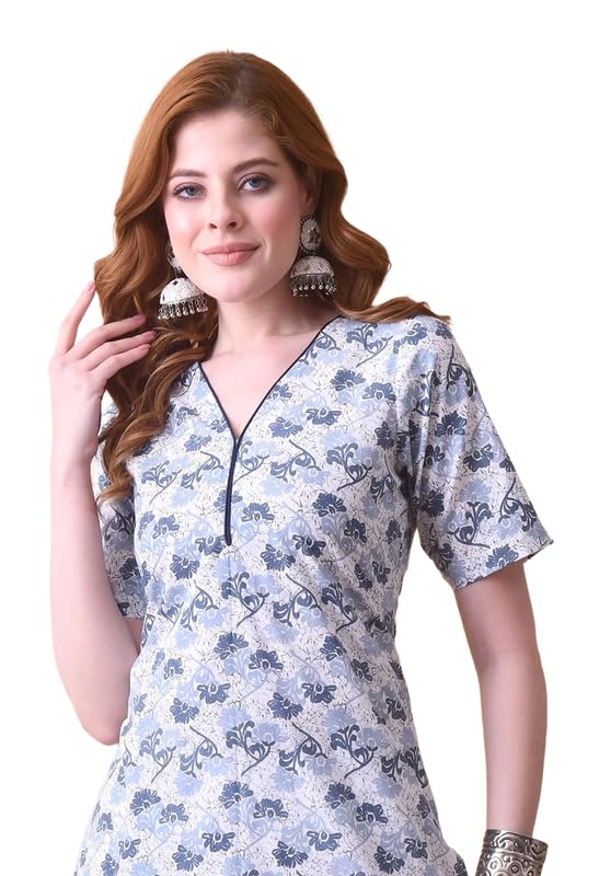 Women Cotton Floral Printed Half Sleeves Casual Straight Kurti | Regular Kurta for Women-image-31