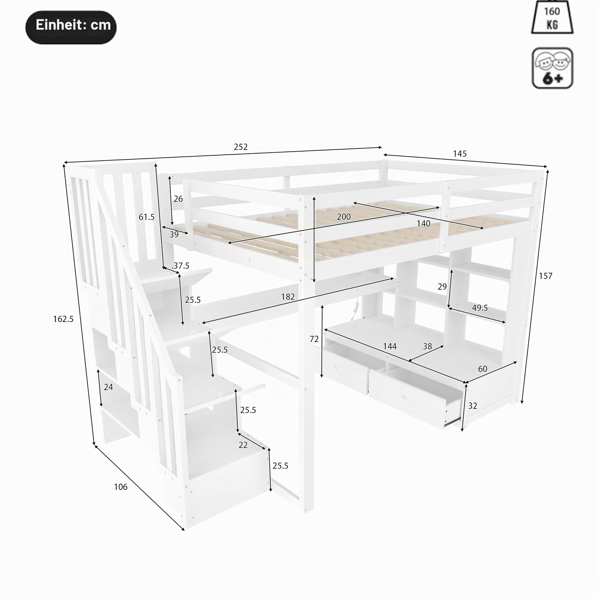 Su & Chan Legence Hochbett 140x200 mit Schreibtisch, Kinderbett aus massivem Kiefernholz mit Stauraumtreppe, Schubladen, Regalen und LED Beleuchtung, Weiß