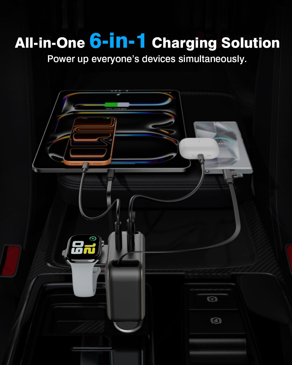 Cargador de coche retráctil 6 en 1, 100 W USB C + USB A de carga rápida para iPhone 17/16/15/14/13/12/11, iWatch, Android, accesorios esenciales de viaje, regalo para hombres y mujeres
