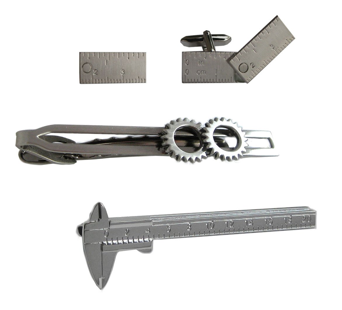 Manschettenknöpfe Zollstock Krawattennadel Schieblehre Zahnräder Handwerker Set + Geschenkboxen - schöne Kombination für Umschlagmanschetten + Seidenkrawatten