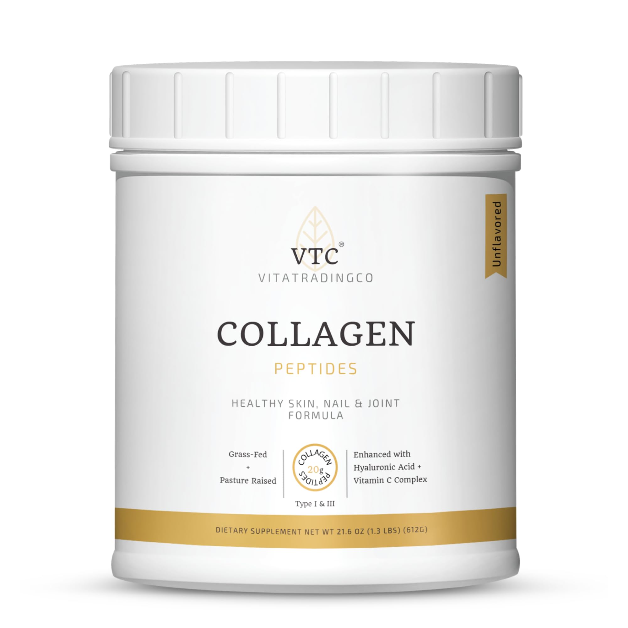 VTC VitaTradingCo. Grass-Fed Collagen Peptides Powder | Type I & III | Hyaluronic Acid & Vitamin C | Healthy Hair, Skin & Joints | Non-GMO, Paleo, Keto | 30 Servings (Unflavored)