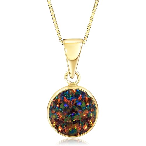14K Gold Black Opal Necklace - 14K Solid Yellow Gold Dainty Pendant with October Birthstone, Simple 8mm Size Round Opal Gemstone - Delicate Handmade