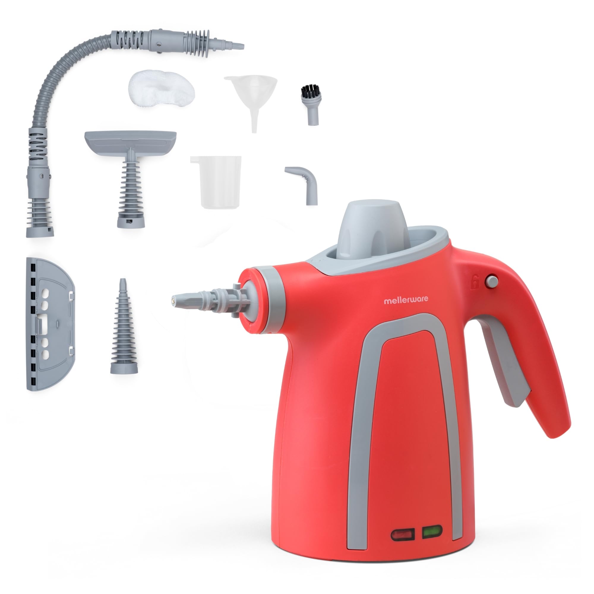 Mellerware Limpiador a Vapor de Mano Fush! | Vaporeta de Limpieza Hogar 1050W | Limpiador portátil Multiuso | Tanque 380mL | 9 Accesorios para Hogar, Baño, Cocina, Alfombra exterior (Coral)