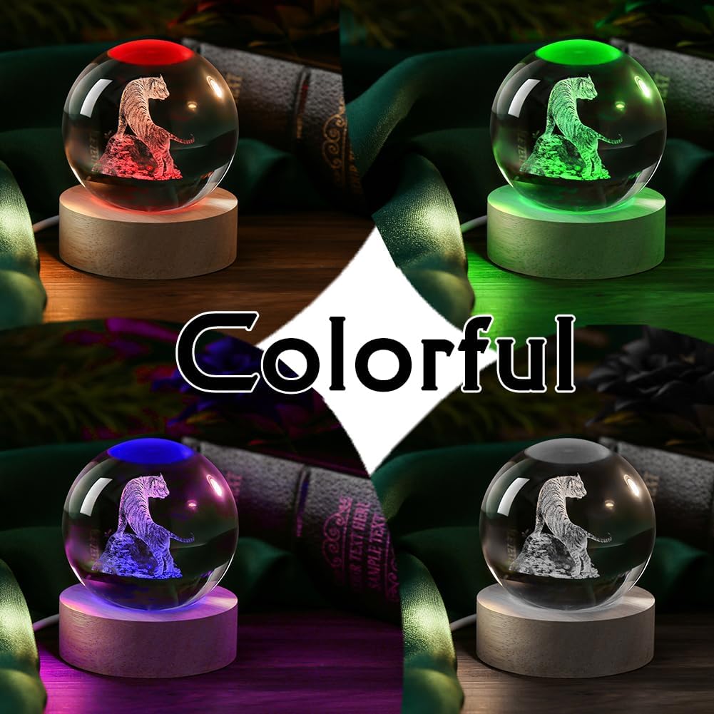 3D Tiger Crystal Ball Tiger Figurines in Crystal Ball 60mm Decor White Tiger Collectibles Snow Globes Gift Glass Sphere Home Decor with Wooden Light Base - Image 6