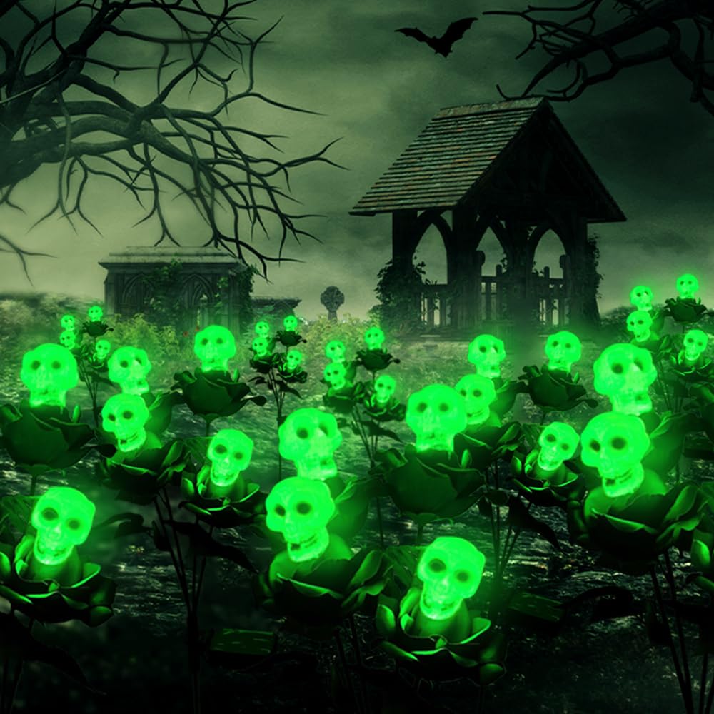 Halloween Decorations Lights,Pathway Skull 5LED Green Skull Scary Outdoor Lights,Solar and Waterproof,Halloween Frightening Decor for Walkway Yard Garden Lawn Party Decor