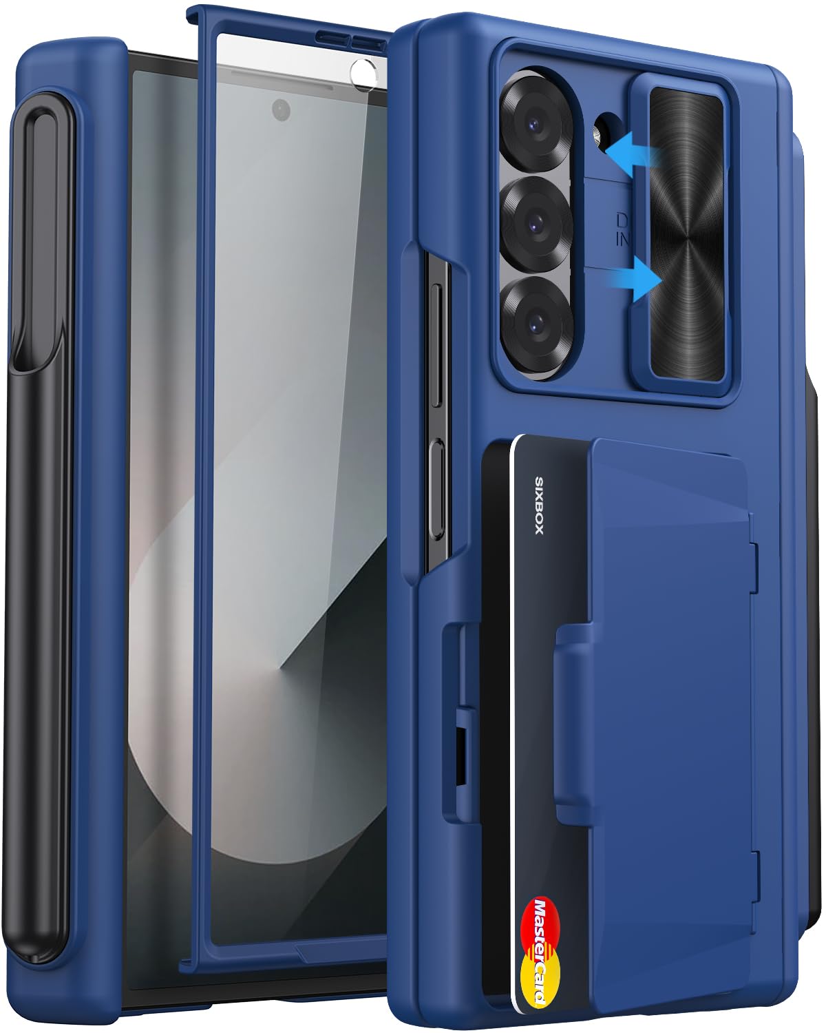 for Samsung Galaxy Z Fold 6 Wallet Case & S Pen Holder & Hinge Protection & Camera Cover, Built-in Card Holder & Screen Protector, Durable Multifunctional Phone Case for Z Fold 6 2024, Blue