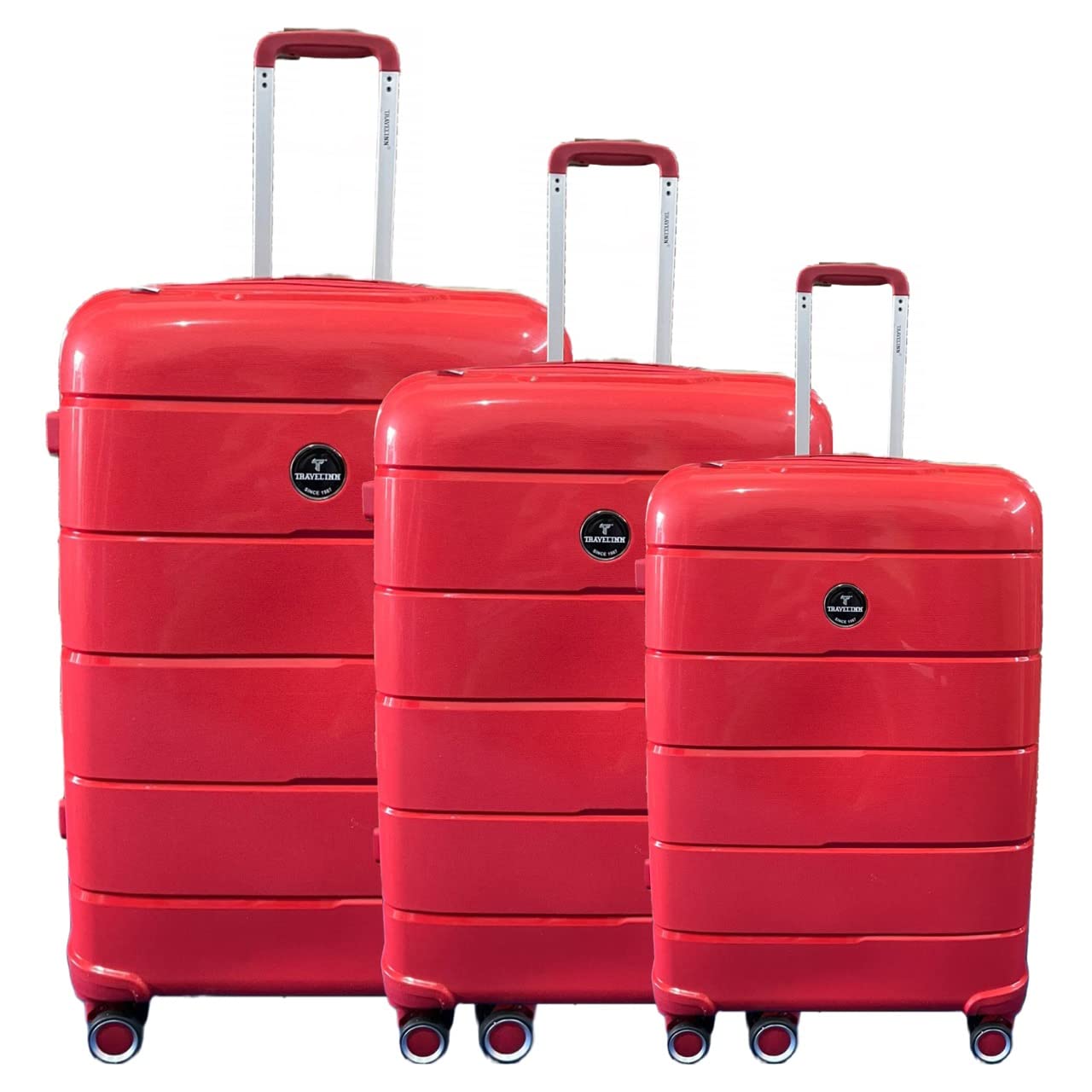 Travelinn Stripped Trolley Bag Set of 3 with Anti-Theft Zipper, 8W Hard Body Glossy Suitcase Set, TSA Lock Security, Cabin+Mediumm+Large (Red) 1