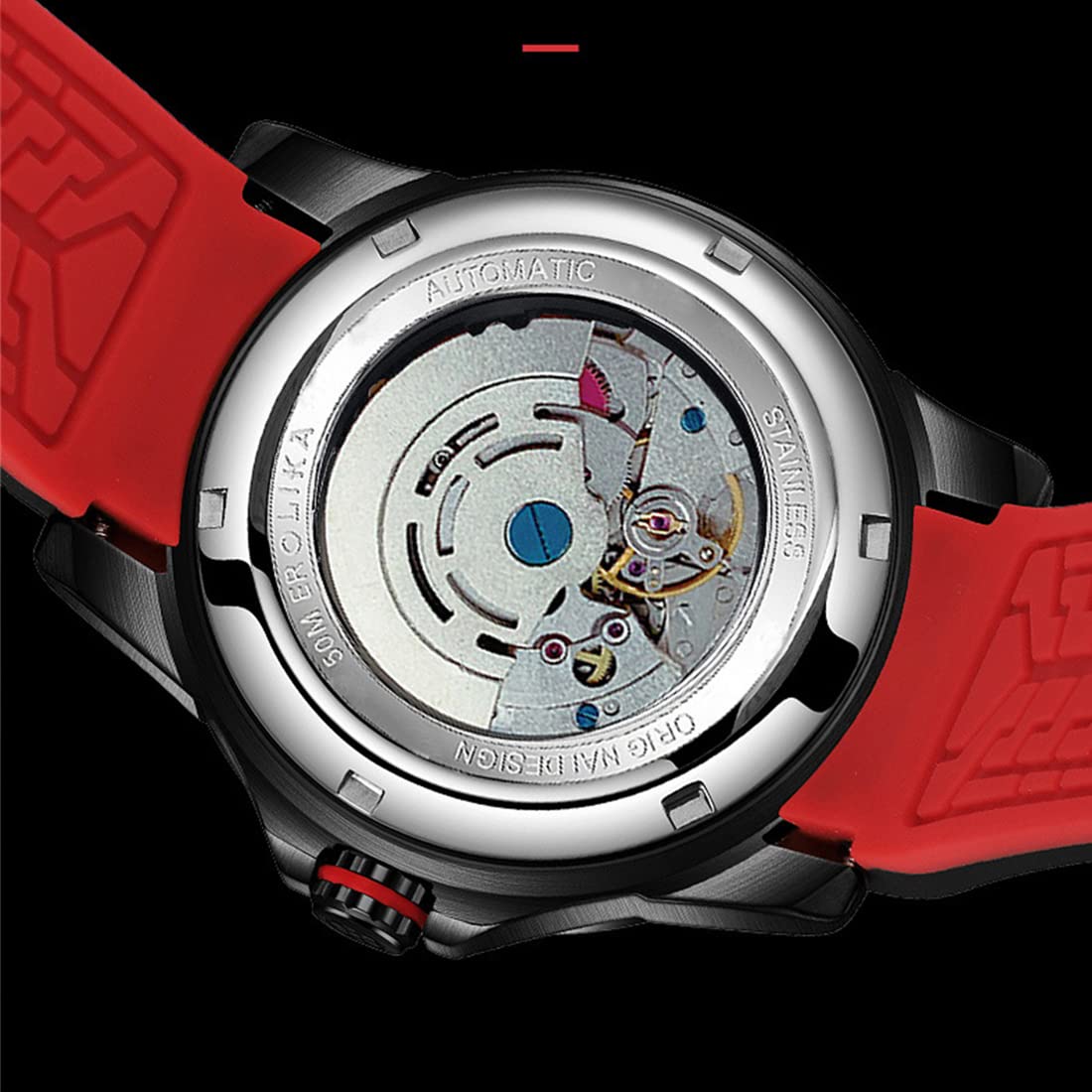 Mode Skelett Wasserdicht Leuchtend Mechanische Uhr, Herren Automatik Mechanische Sport Uhren,Black case red