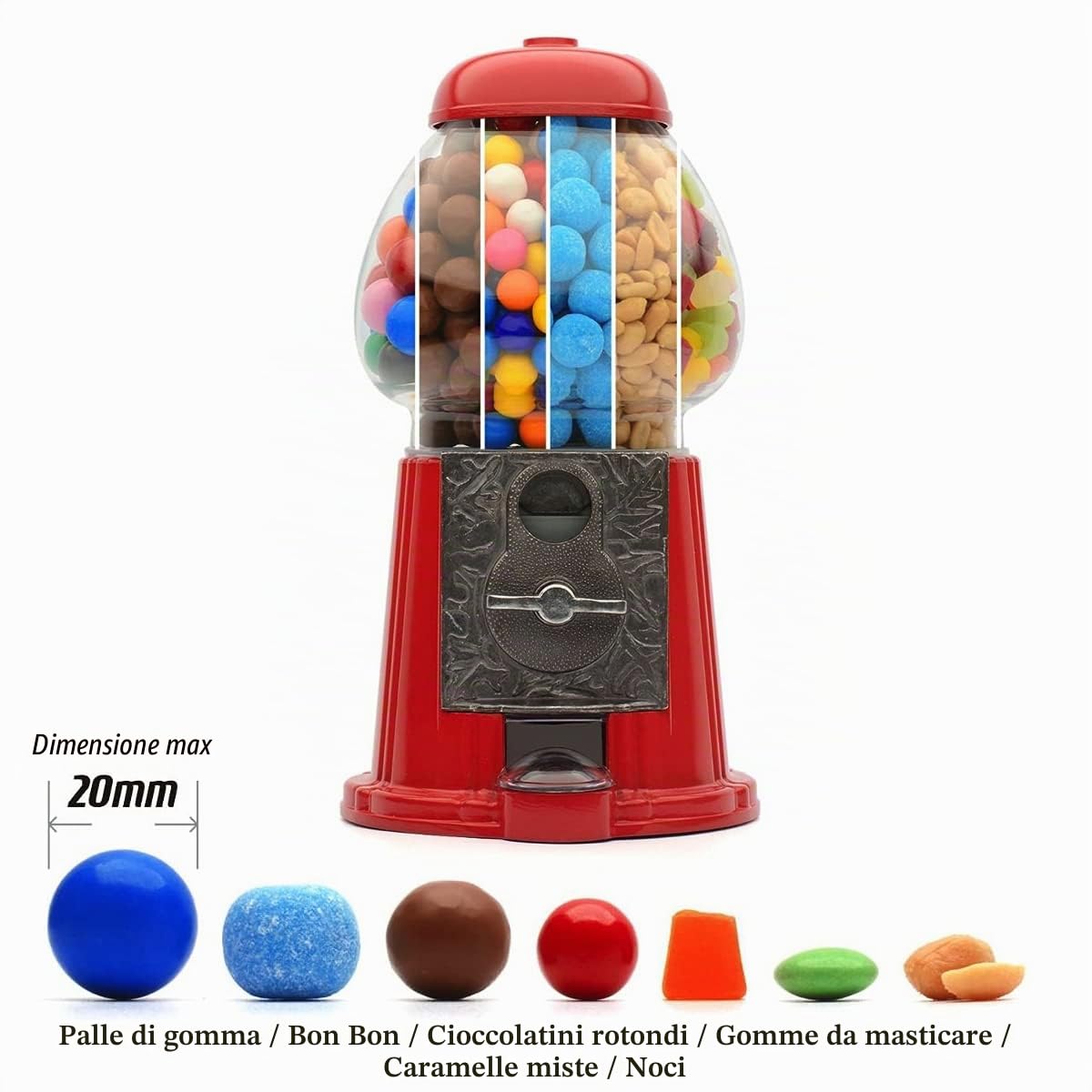 CKB LTD Distributore di caramelle a gettoni, grande dispenser vintage per dolci, cioccolatini rotondi, chewing gum, snack, dolcetti, noci e frutta secca, gumball salvadanaio, Altezza 28 cm, Rosso