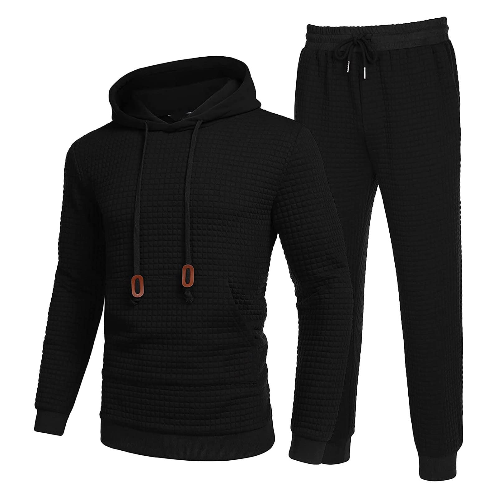 Uomo Tute Waffle a maniche lunghe Felpa con cappuccio e pantaloni | Tuta da uomo invernale Waffle Felpa a maniche lunghe con chiusura lampo con cappuccio Giacca e pantaloni sportivi da lavoro