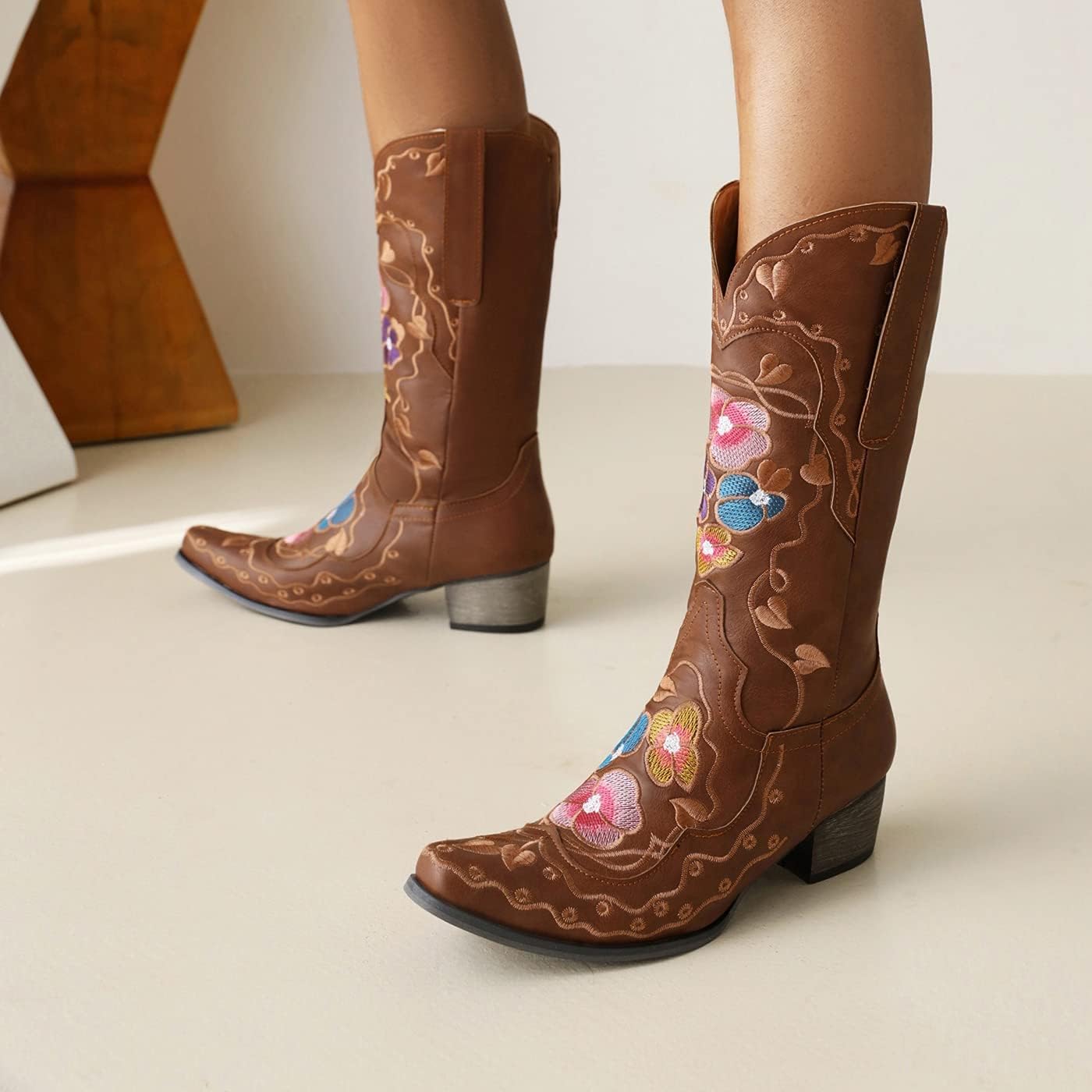 KiutSymo Womens Vintage Floral Embroidered Cowgirl Boots Pointed Toe Chunky Heel Knee High Western Boots
