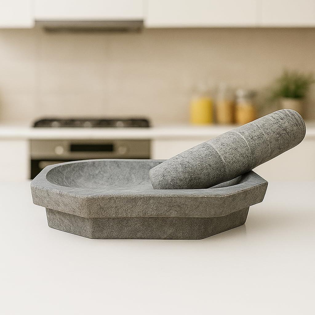 EZAHK Kalvam Stone Mortar and Pestle Set, UnPolished for Spices, Okhli Masher, Khalbatta Stone, Home Decor, Musal, Well Design for Kitchen, Home, Herbs (10 inch) Big size.