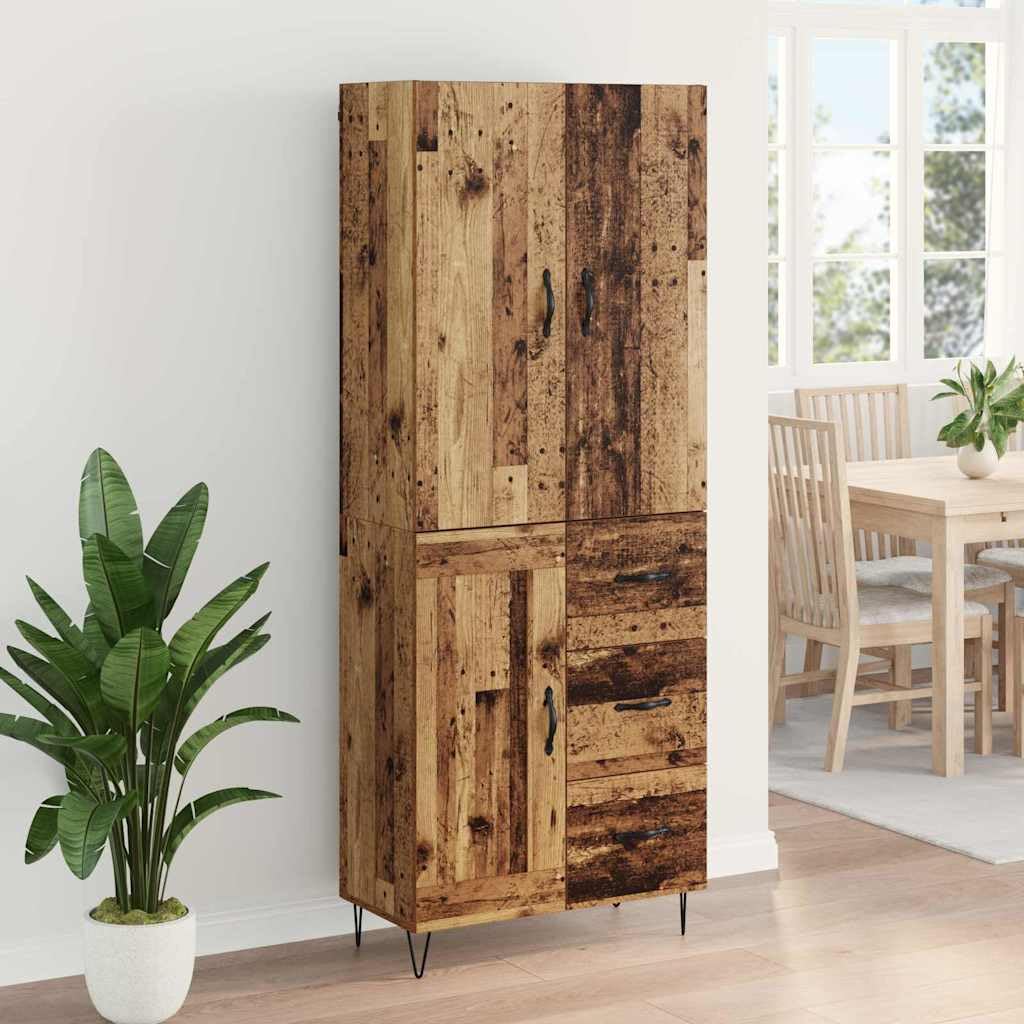 Buffet haut avec 3 tiroirs en bois vieilli, 69,5 x 34 x 180 cm, buffet moderne avec beaucoup d'espace de rangement pour salon, salle à manger, chambre à coucher et couloir, rustique et