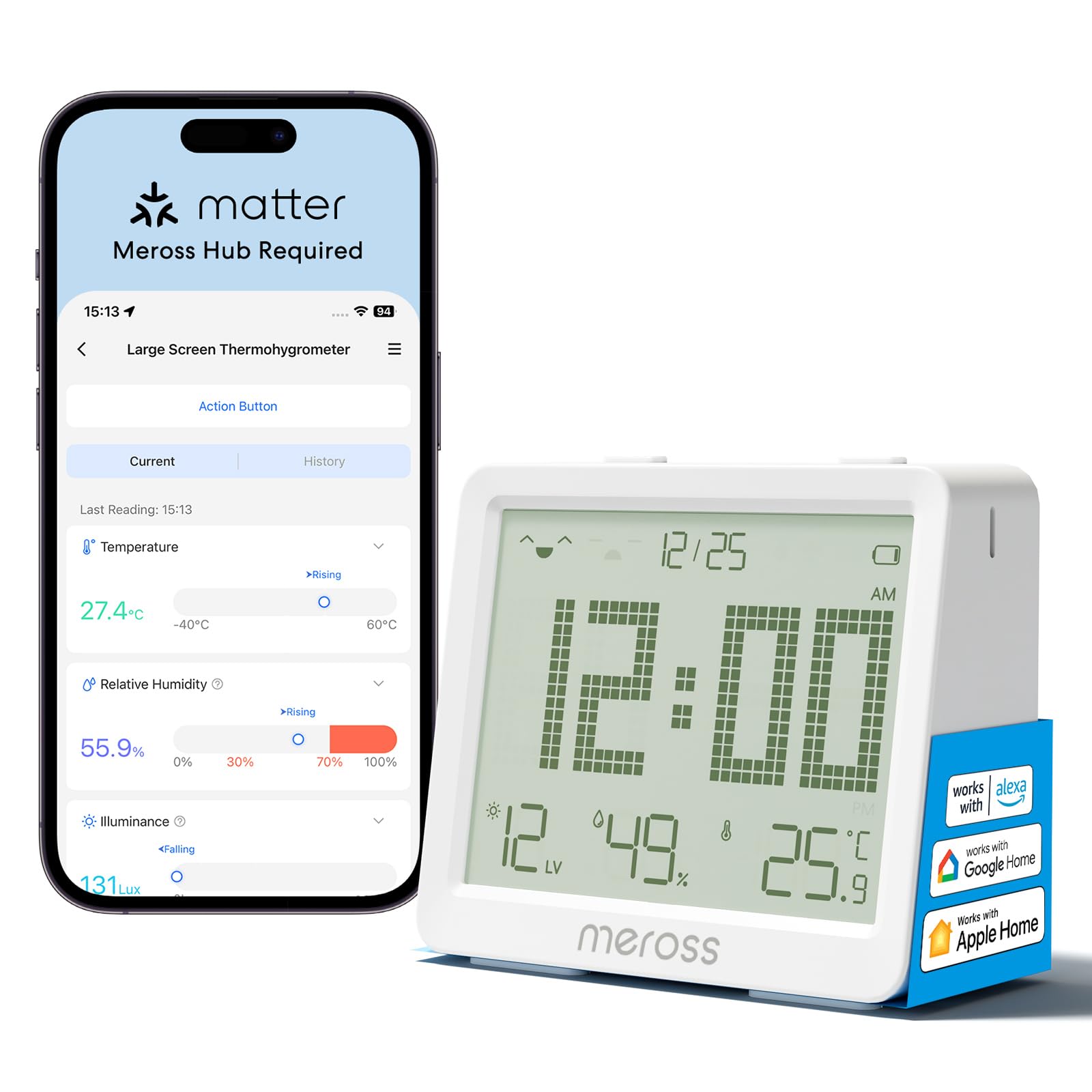 Meross Matter 10-en-1 Termómetro Higrómetro Inteligente(Requiere Hub) – Estacion Meteorologica WiFi Interior con Pantalla, Automatización y Alertas,Compatible con Apple HomeKit, Alexa y Google Home