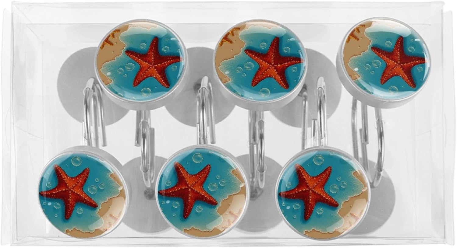 Starfish on The Beach Shower Curtain Hooks Rings, Round 12 Pcs Resin Glass Shower Curtain Hangers for Bathroom, Cartoon Rust Proof Stainless Steel Shower Hooks for Shower Curtain Rod