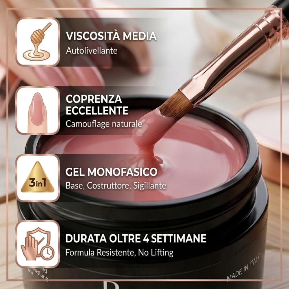 NAILSTORE - Gel UV Led Costruttore Monofasico Cover Pink - media densità - autolivellante - camouflage - facile lavorabilità – adatto per Refill e allungamento con cartina (50 g)