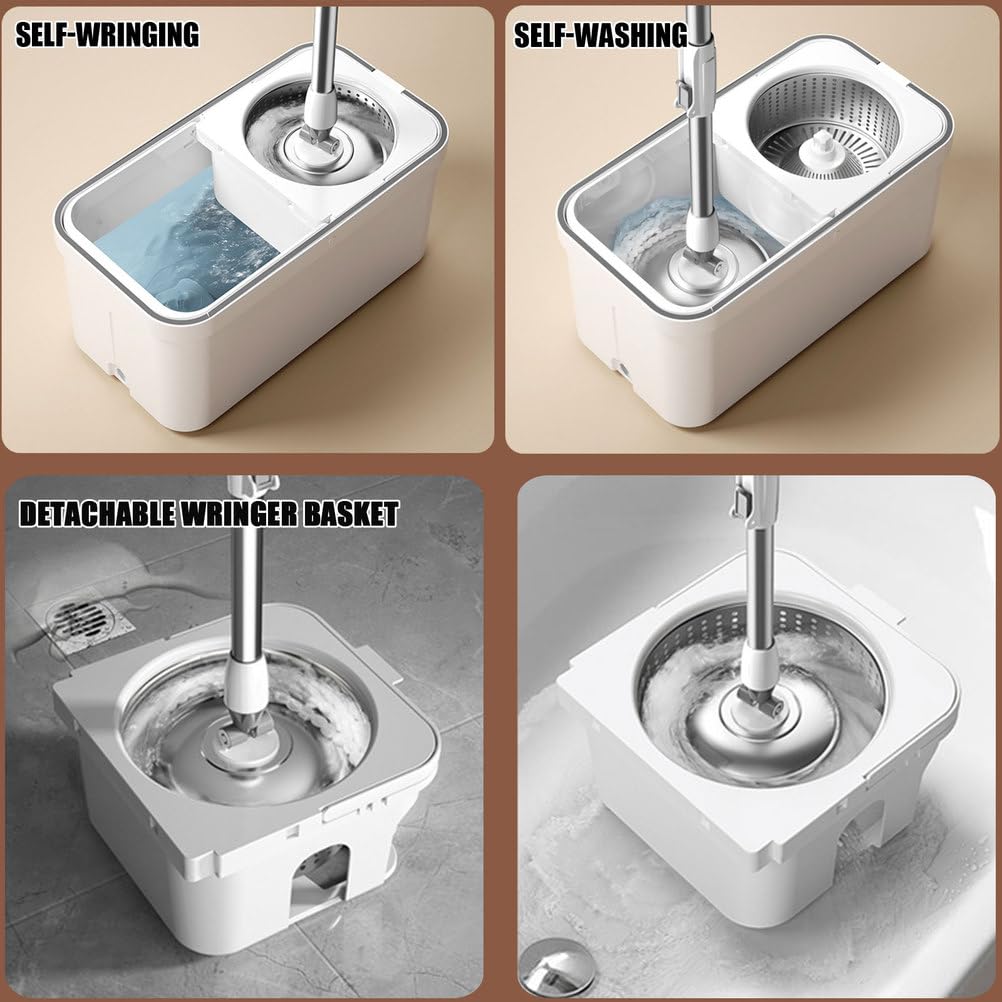 Juego de fregona y Cubo giratorios para el hogar - Fregona giratoria de 360° y Cesta escurridora Interior Desmontable - 5 recambios de Cabezales de Microfibra para Limpieza de Suelos