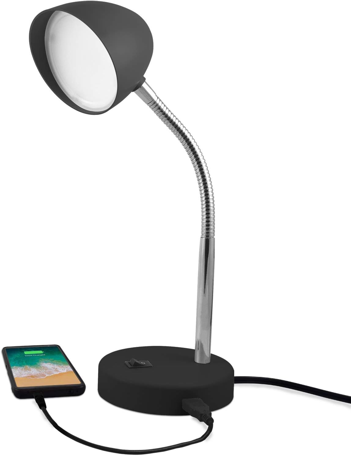 MaxLite LED Desk Lamp with USB Charging Port, Black Desk Lamp, Adjustable Neck, On/Off Switch, Modern Table Lamp for Reading, Work or School, Warm Gentle Light