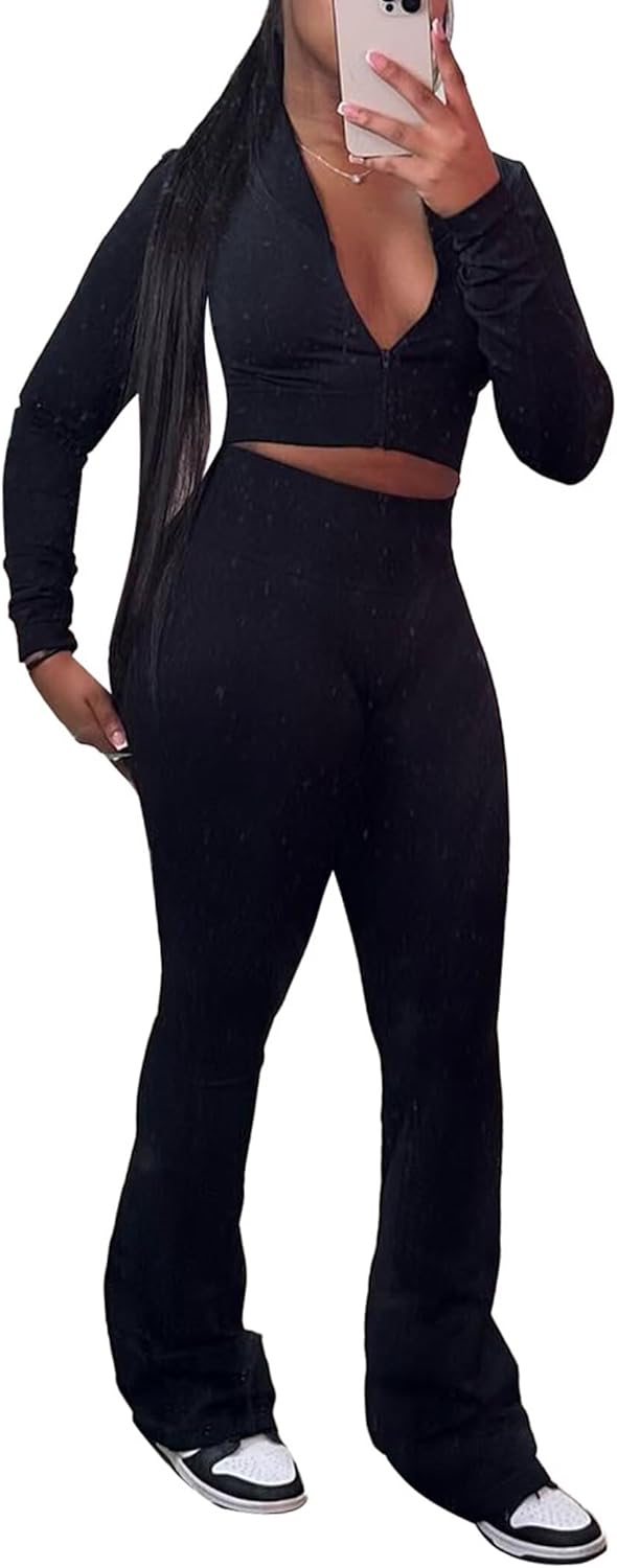 Mintsnow Women 3 Piece Sweatsuit Outfits Sets Long Sleeve Zipper Jacket Crop Tops and Long Flare Pants Set Workout Tracksuit - Image 4