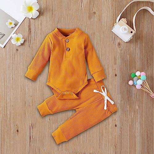Baby Girls Fall Outfits 2pc Knit Ribbed Long Sleeve Romper and Soft Pants Solid Buttons Bodysuits Winter Clothes2