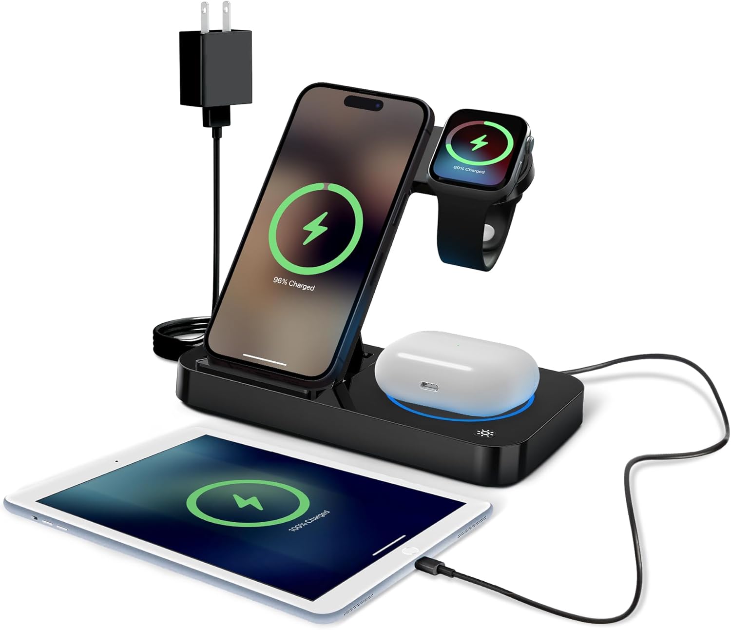 4 in 1 Wireless Charging Station for iPhone, Apple Watch & AirPods - Wireless Charger for iPhone Series 16/15/14/13/12 - Apple iWatch Series 7/9/8 with Extra USB Port & Foldable Design – Black