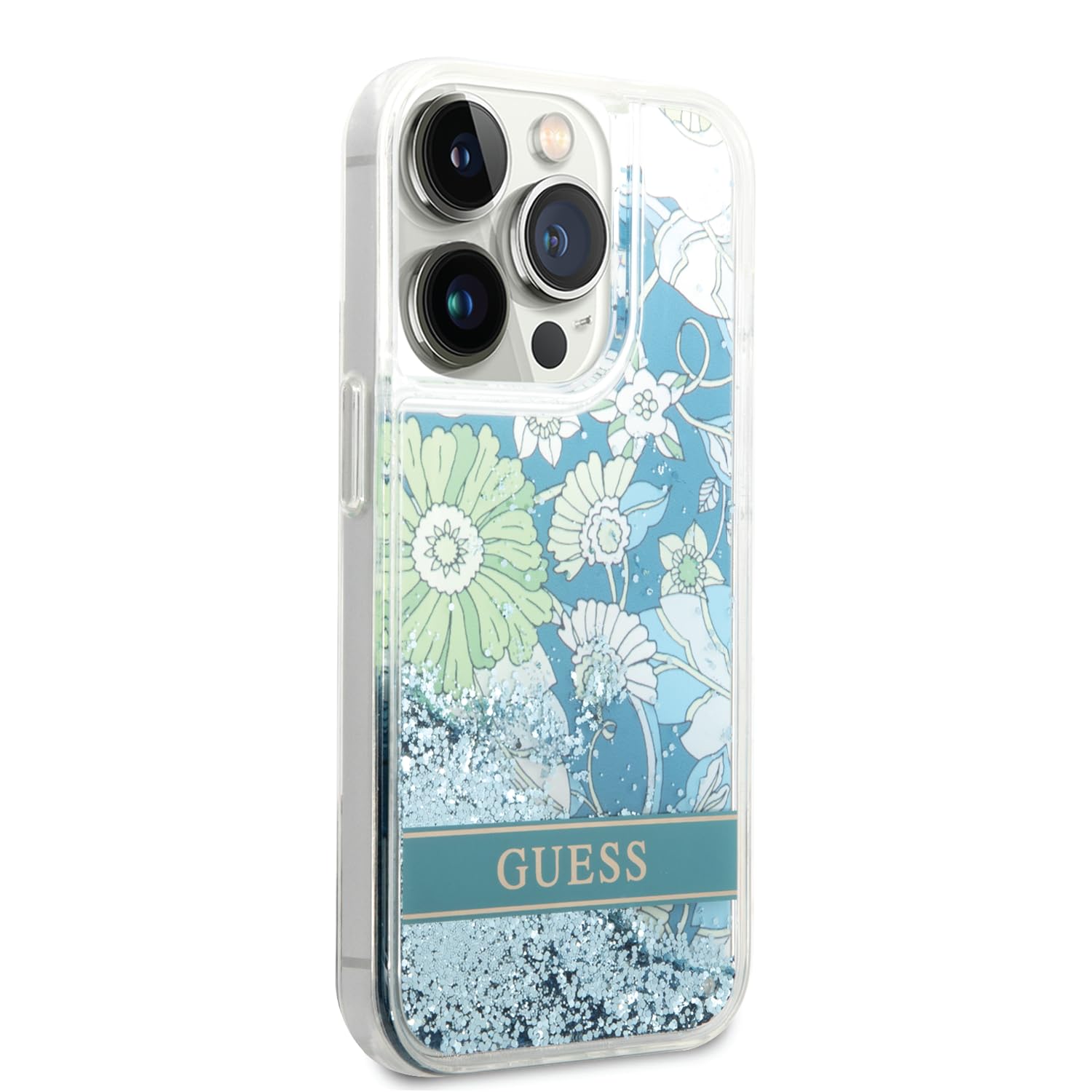 GUESS GUHCP14LLFLSN Case for iPhone 14 Pro 6.1 Inch Green Hard Case Flower Liquid Glitter