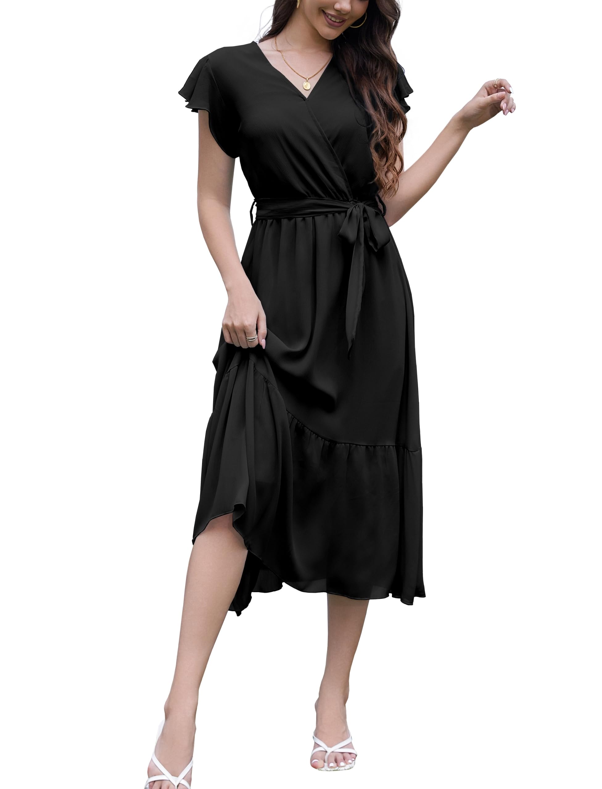 YAMANMAN Women’s Summer Maxi Dress Casual Ruffle Sleeve V Neck Fashion Belted Flowy Tiered Beach Vacation Dresses