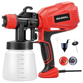 Buildskill BPS2190 Paint Sprayer/Spray Painting Machine,600W,32000RPM,800ML Paint Reservoir for Home Interior & Exterior, Designed for DIY Painting Job with 3 Spray Patterns & 3 Nozzles. (Red)
