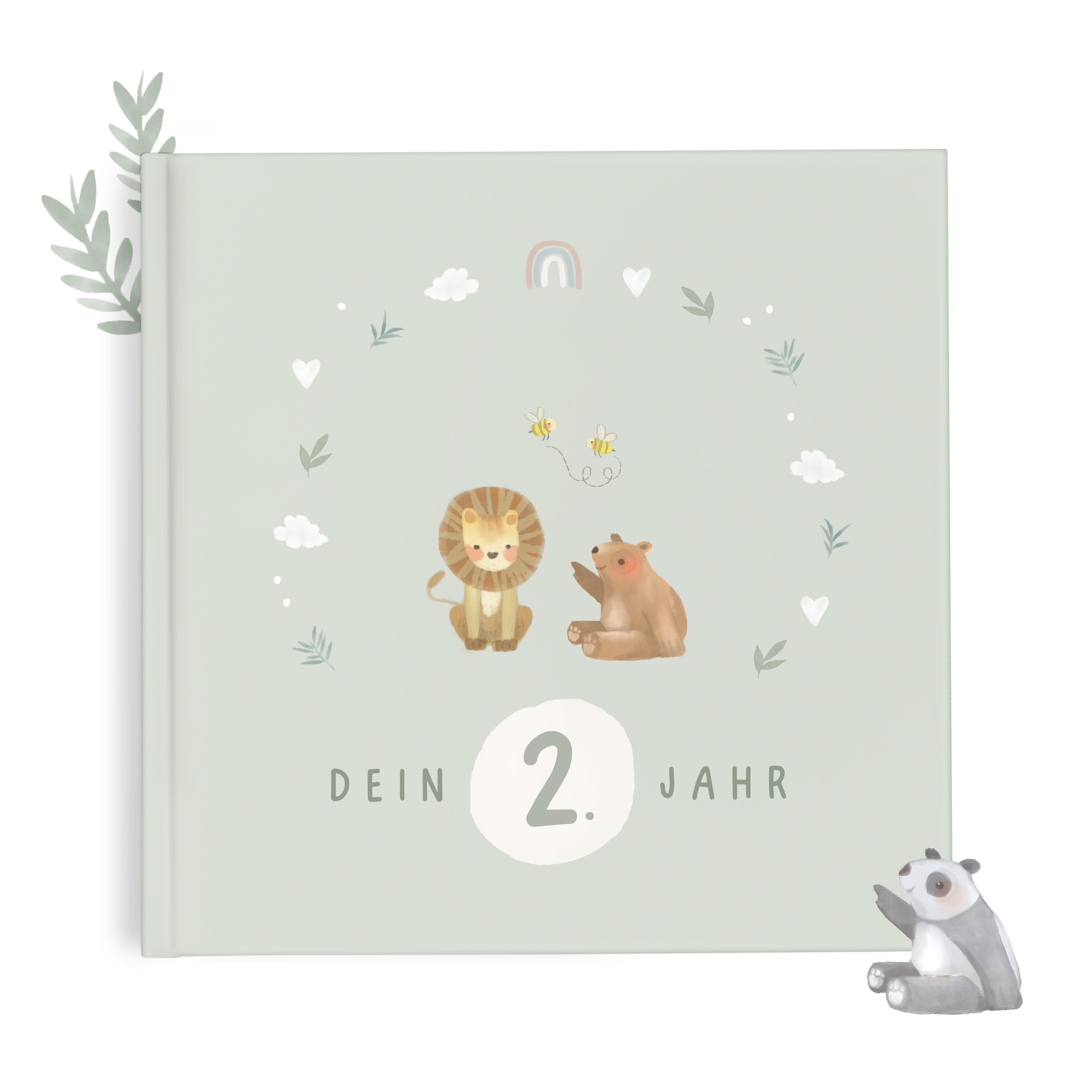 mintkind® Babyalbum zweites Lebensjahr Hardcover Babytagebuch zum Eintragen Erinnerungsbuch und Fotoalbum Baby Geschenkidee für Jungen und Mädchen liebevoll gestaltetes Babybuch Salbei