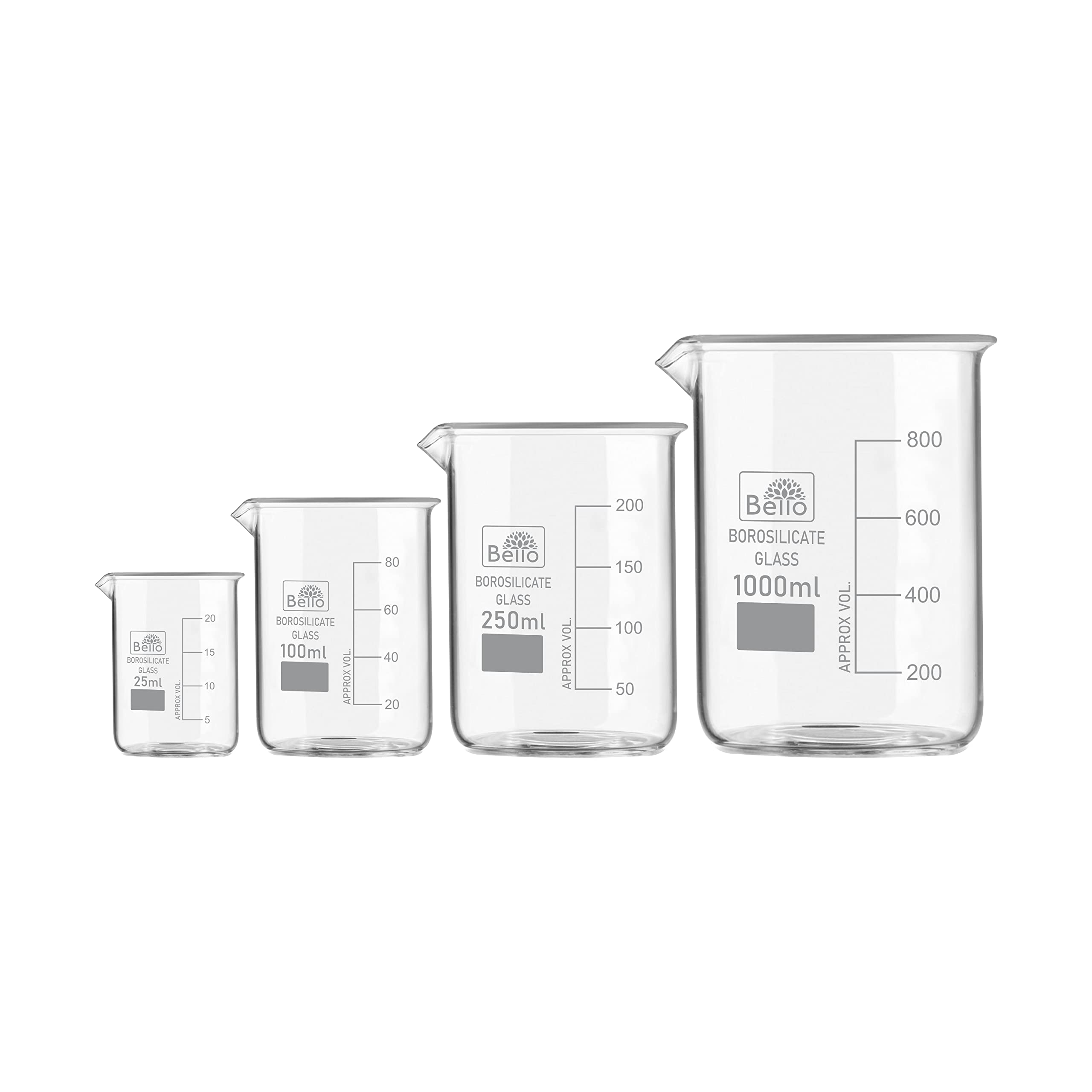 Bello Borosilicate 3.3 Glass Beaker 25ml, 100ml, 250ml, 1000ml with Graduation Marks, Set of 4 Beakers for school collage chemistry lab laboratory (B0BHNWKMQQ) Amazon Price History, Amazon Price Tracker