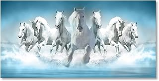 7 White Running Horses Wall Art Modern Blue Canvas Print Picture Artwork Animal Painting for Living Room Decor Bedroom Office