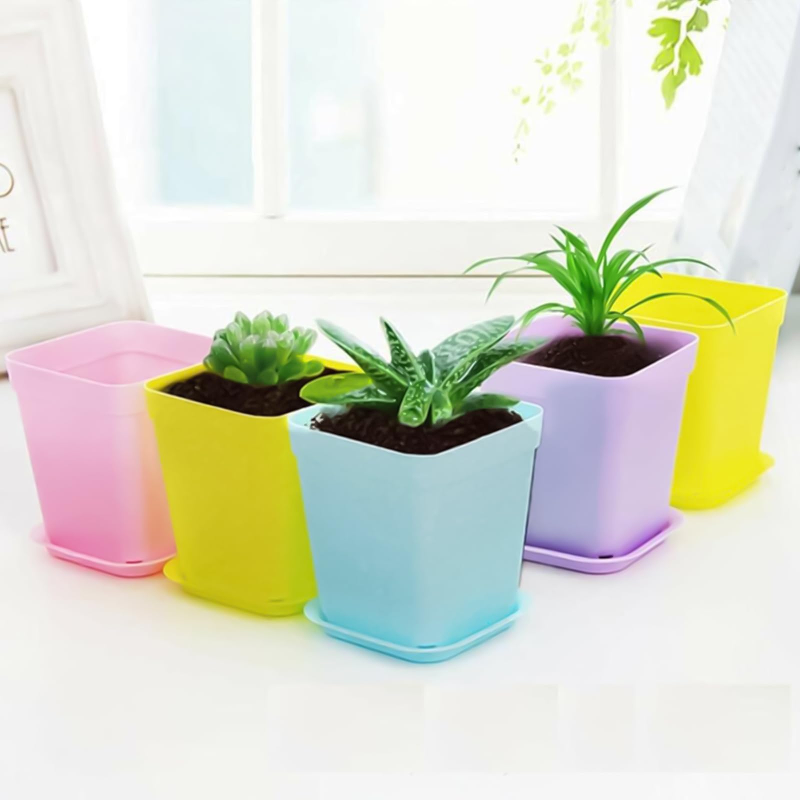 SINJEUN 60 kolorowych doniczek do sadzenia, 7 x 8 cm, ma?e doniczki na ro?liny, prostok?tne, z podstawk?, kolorowe kwadratowe doniczki z tworzywa sztucznego, do biura, na balkon