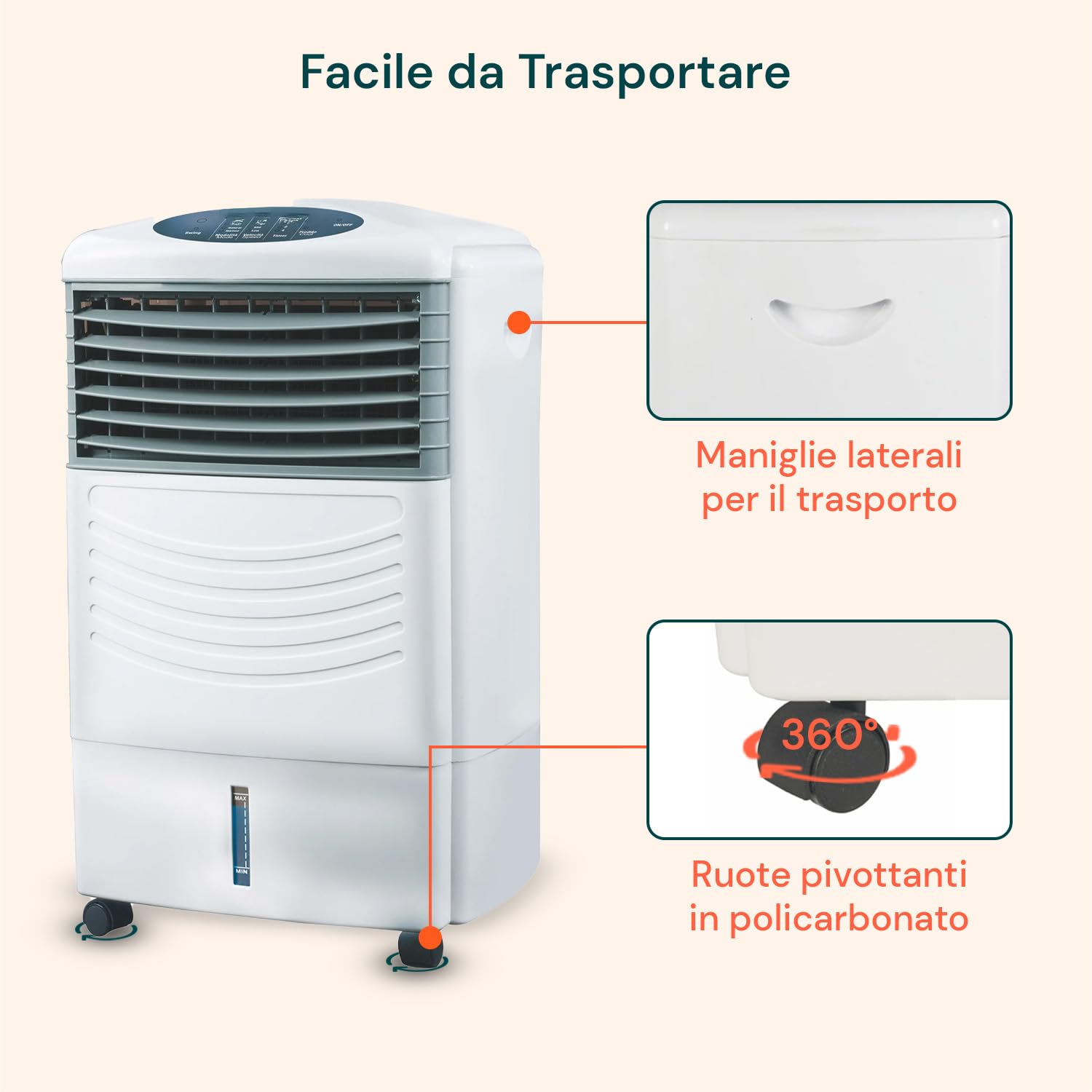 Wintem Raffrescatore d'Aria 3 in 1 con Serbatoio da 11L, Umidificatore e Purificatore, Timer 7,5h e Funzione Swing, Ideale per Ambienti Interni, Facile da Usare e Trasportare, Basso Consumo Energetico