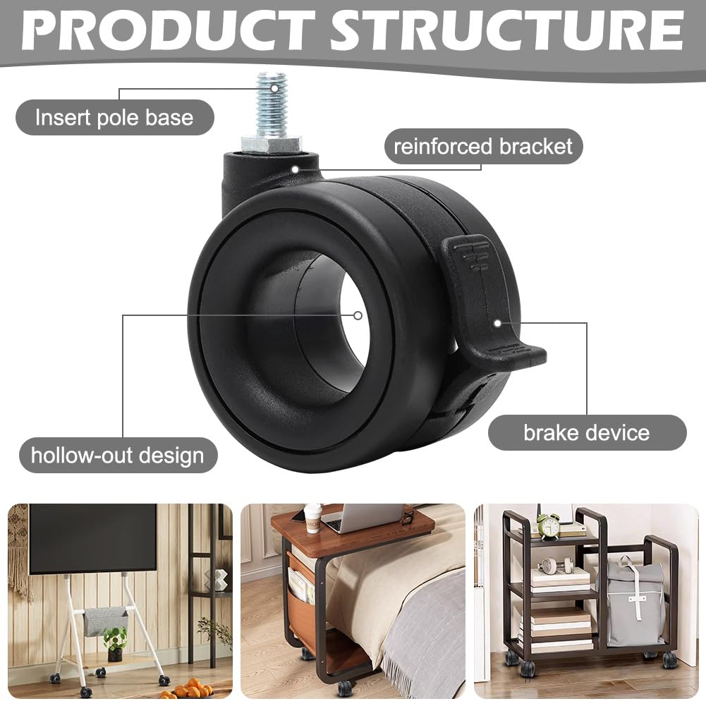 Juego de 4 ruedas para cargas pesadas, hasta 80 kg, ruedas giratorias con freno rosca M8, ruedas para muebles con freno, ruedas para muebles y cargas pesadas, ruedas giratorias para muebles y