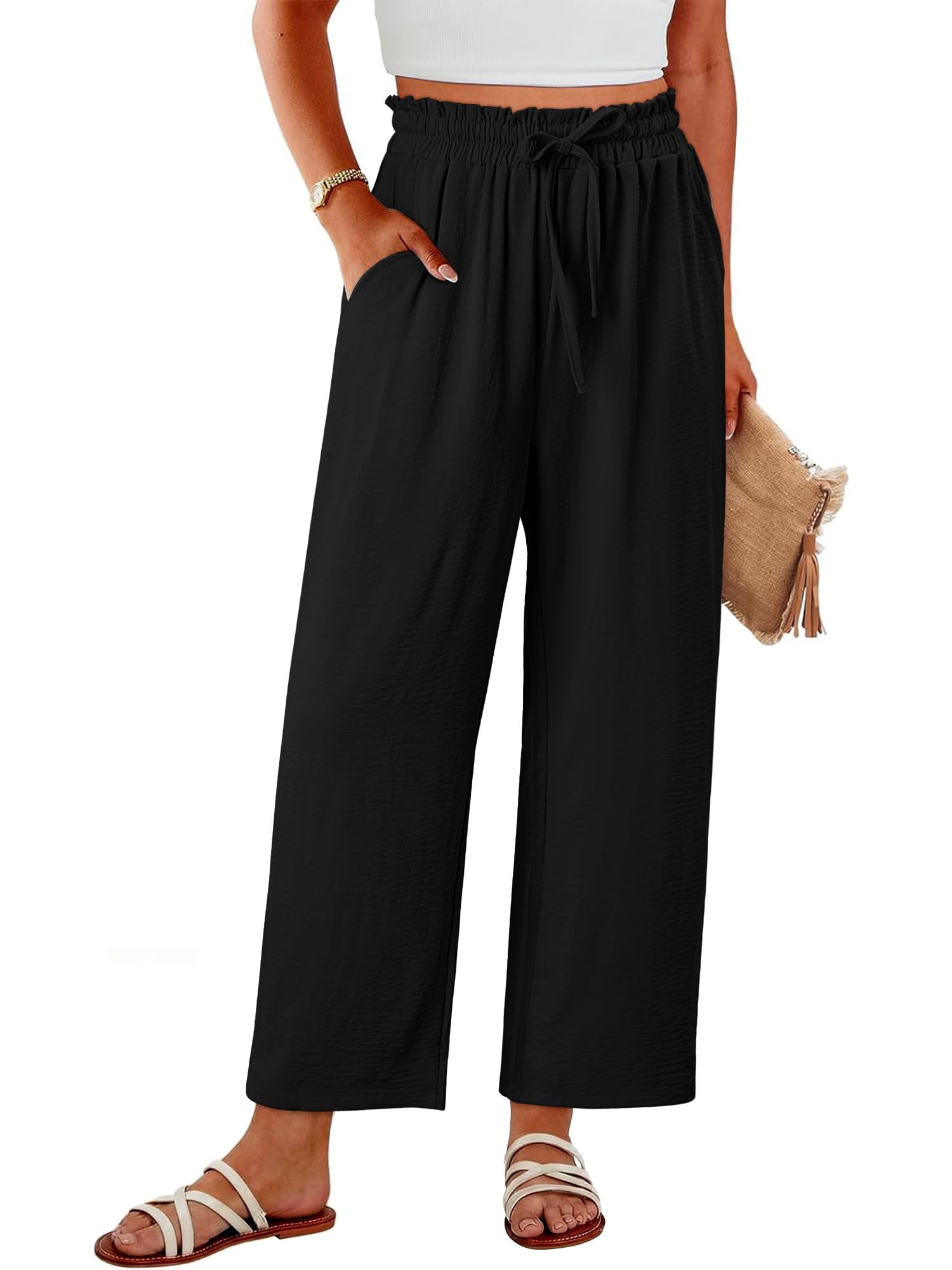 CRAZY GRID Womens Flowy Palazzo Pants High Waisted Wide Leg Trendy Summer Beach Casual Trousers with Pockets