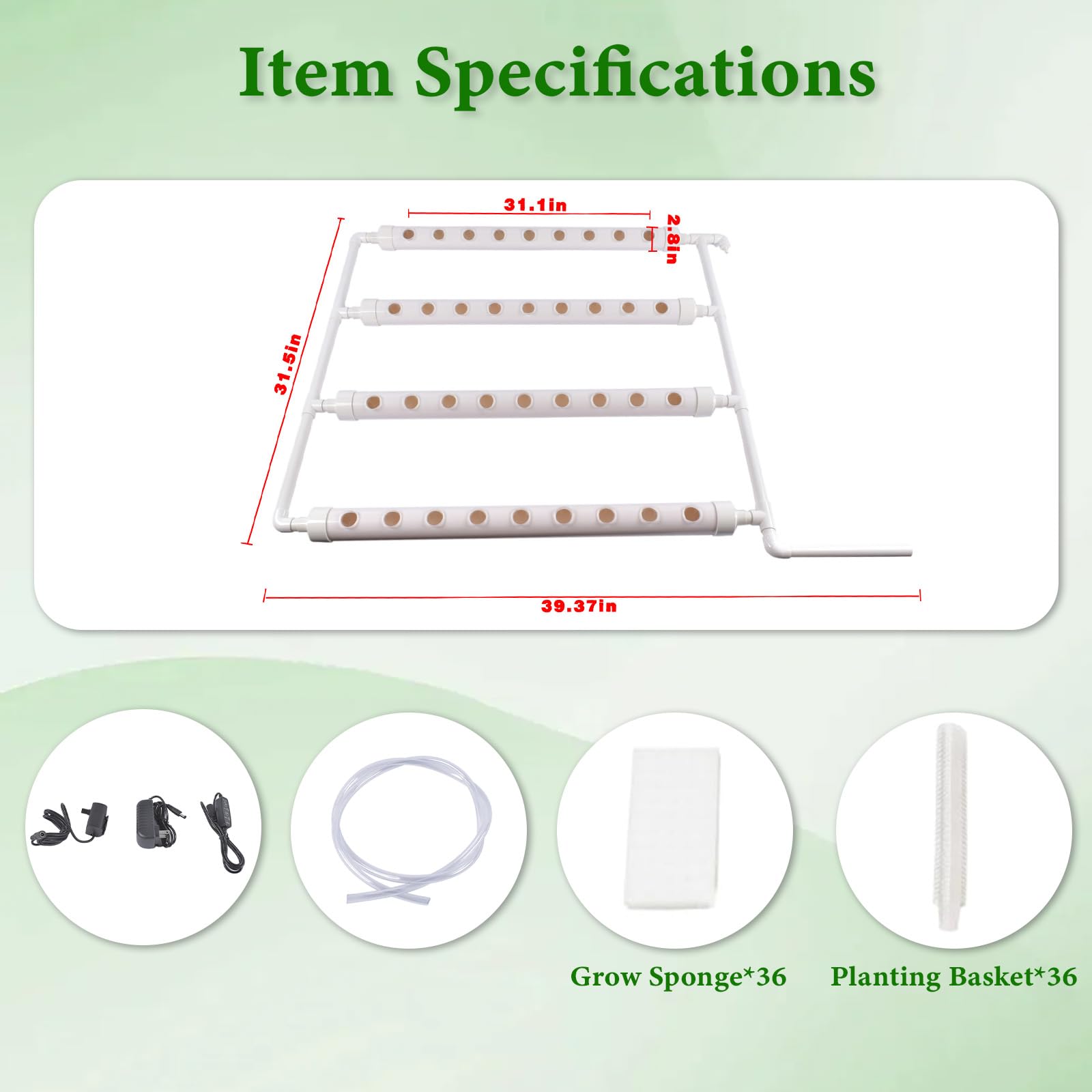 Kit de cultivo hidropónico montado en la pared, 1 capa, 36 sitios de plantas, 4 tubos de PVC de grado alimenticio, sistema de plantación hidropónico con bomba de agua, temporizador de bomba, cesta