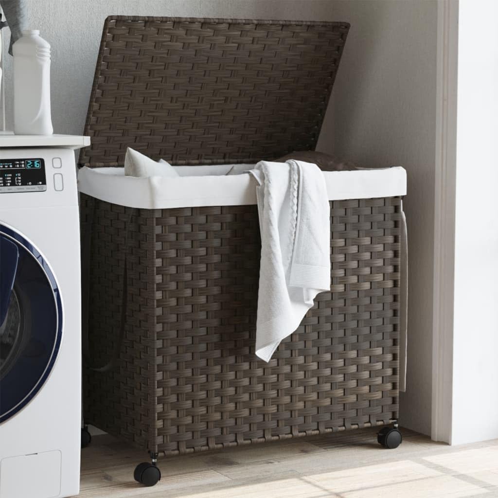 Wäschekorb mit Rollen und Deckel aus handgeflochtenem Rattan in Dunkelbraun 60x35x60,5 cm mit 3 Fächern, Tragegriffen, Innenbeutel und klappbarem Design für Waschküche und Badezimmer