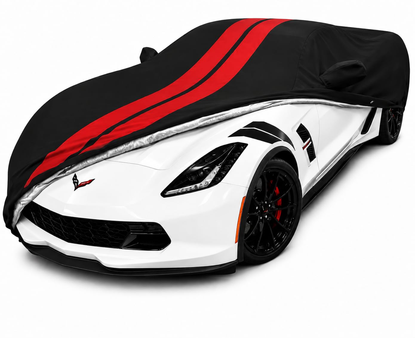 SR1 Performance USA C7 Corvette Car Cover - Custom Fit Indoor/Outdoor UV &amp; Rain Protection - Ultraguard 300 Denier High End for 2014-2019 Stingray, Z51, Z06, Grand Sport (Black with Red Stripes)