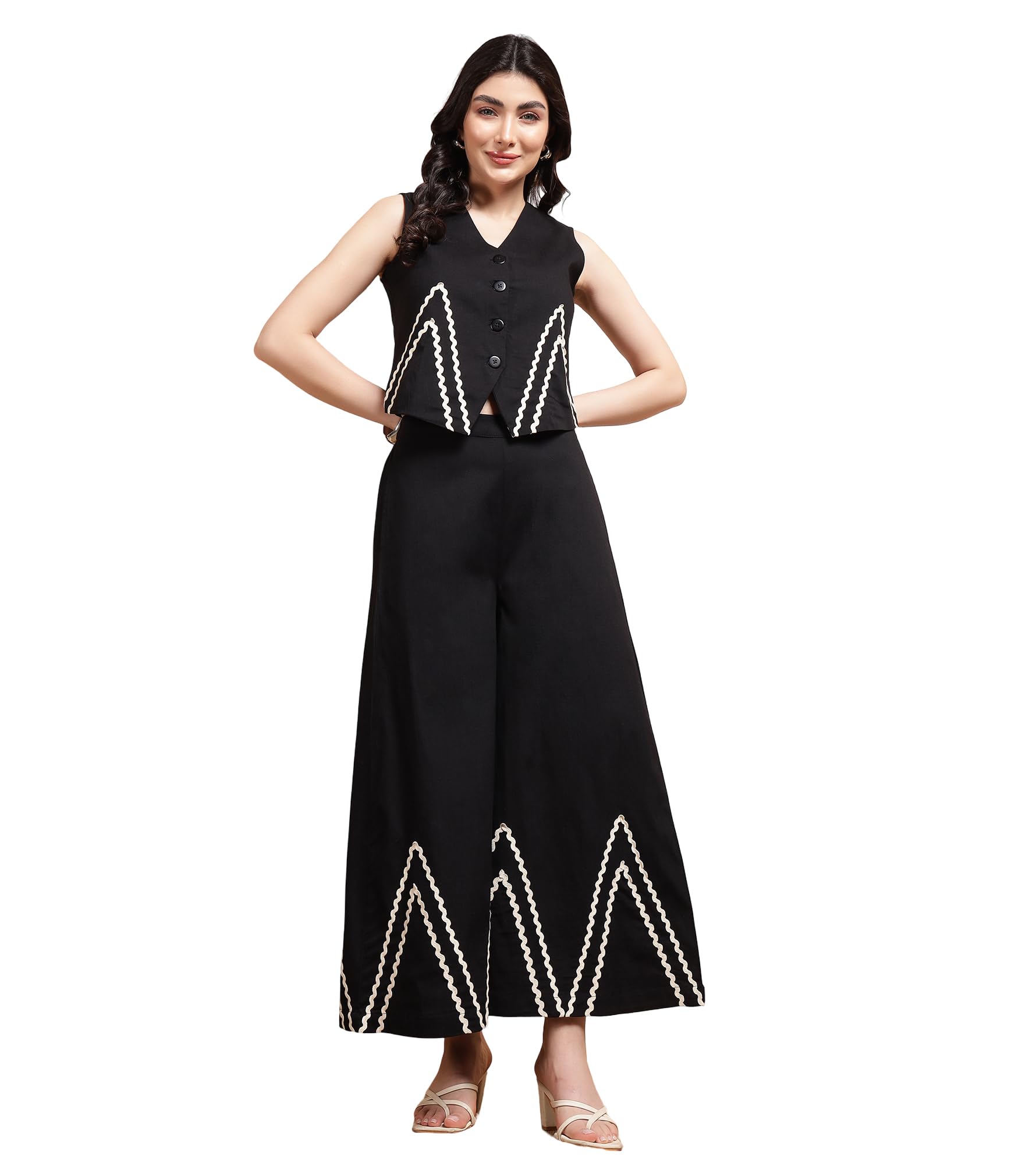 Solid Viscose Lycra Waistcoat & Palazzos Co-ord Set for Women's|Sleeveless V-Neck Regular Fit Stylish Summer Western Casual Wear Ladies Cord Set