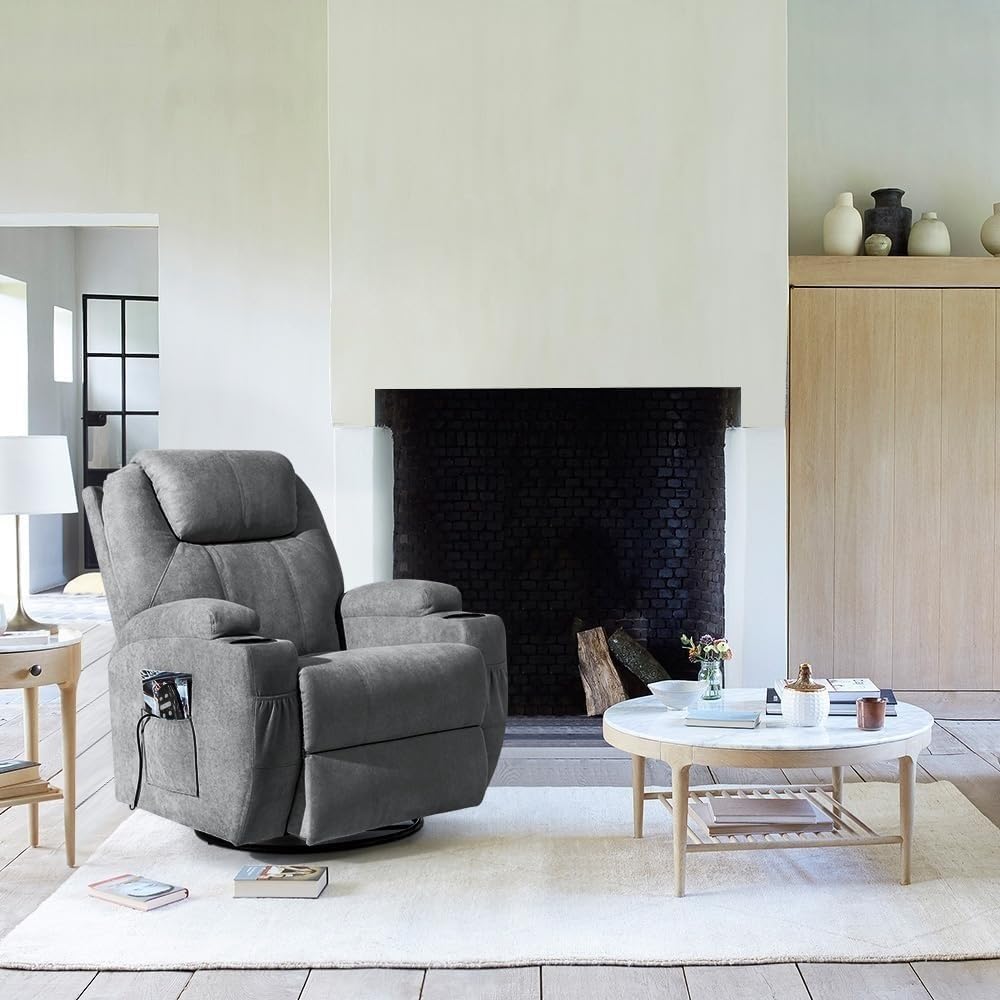 Modern Recliner Chair Rocking Recliner Chair with Massage, Swivel Recliner Chairs for Adults, Ergonomic Design, 2 Cup Holders and Side Pockets - Living Room Chair or Home Theater Seat